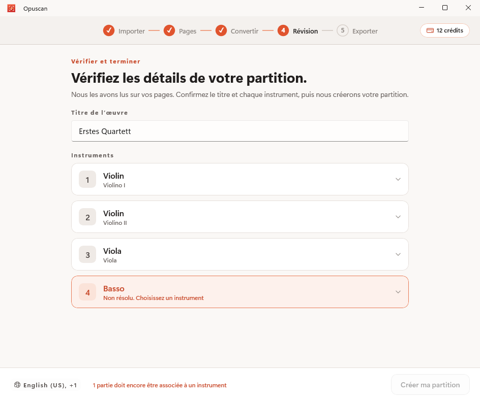 Vérification et correction de la partition convertie dans Opuscan pour Windows