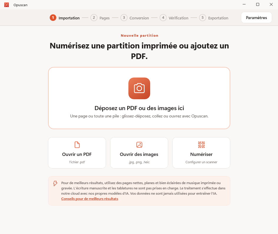 Opuscan pour Windows importe un PDF de partition