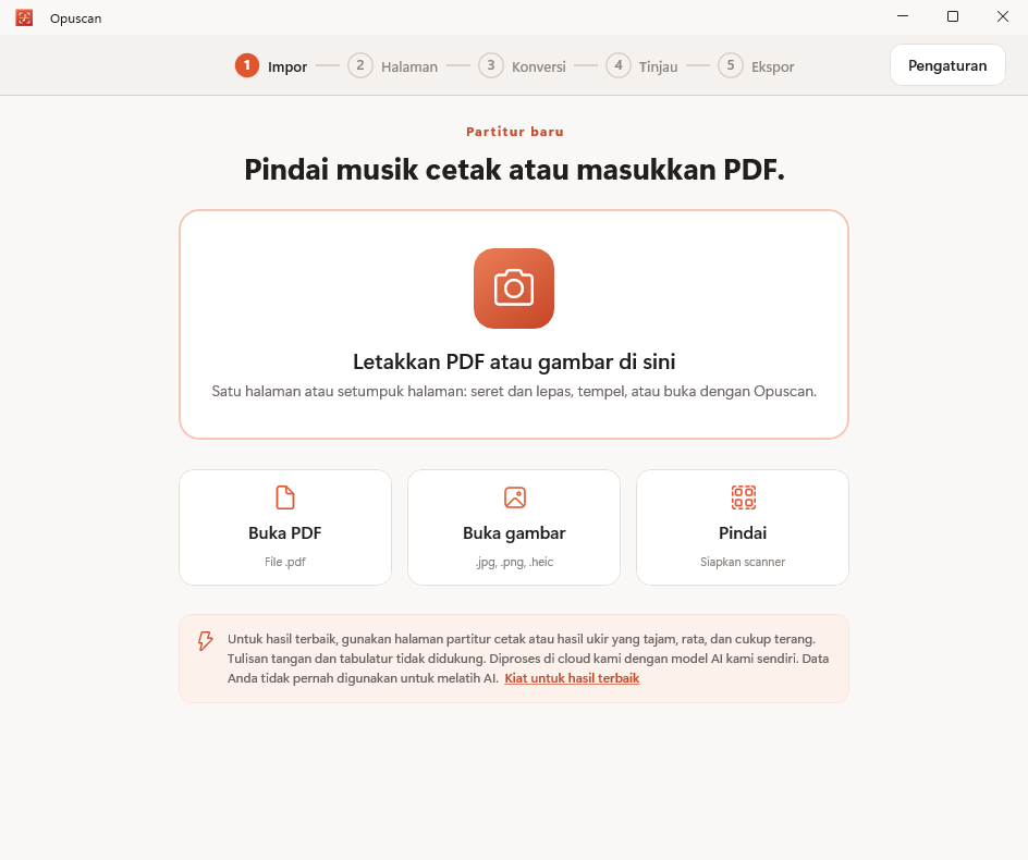 Opuscan untuk Windows mengimpor PDF partitur