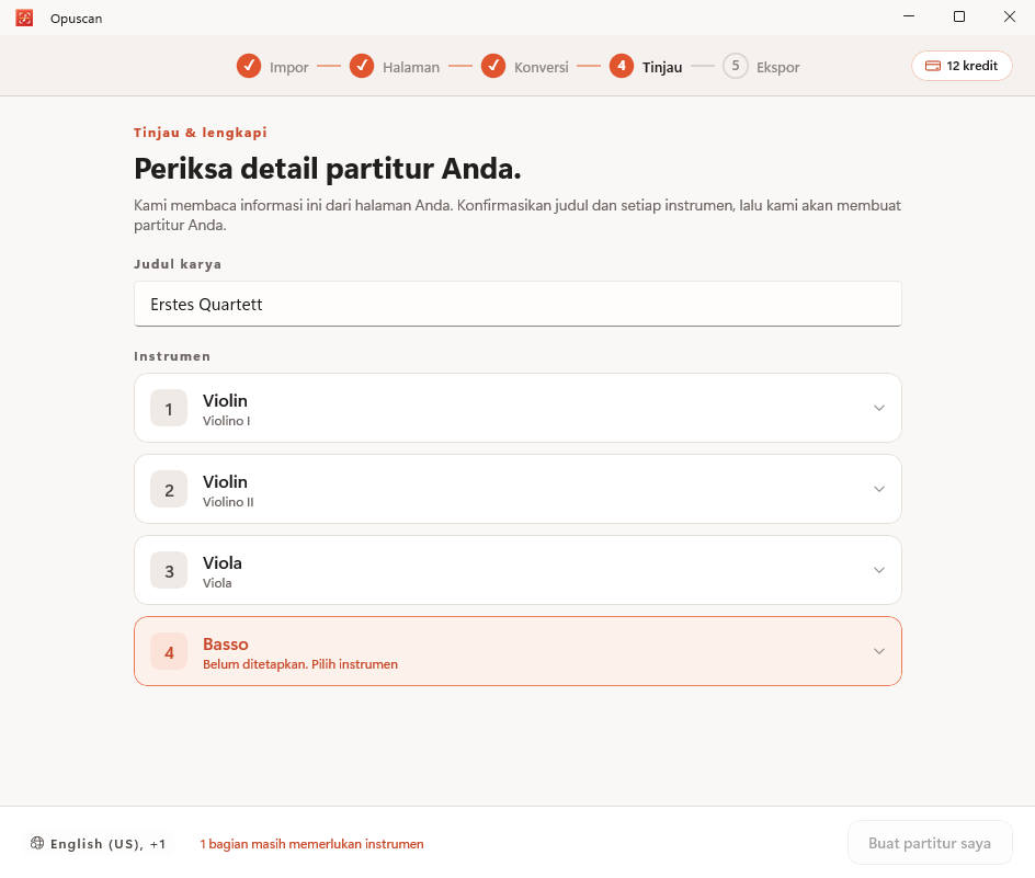 Meninjau dan memperbaiki partitur yang telah dikonversi di Opuscan untuk Windows