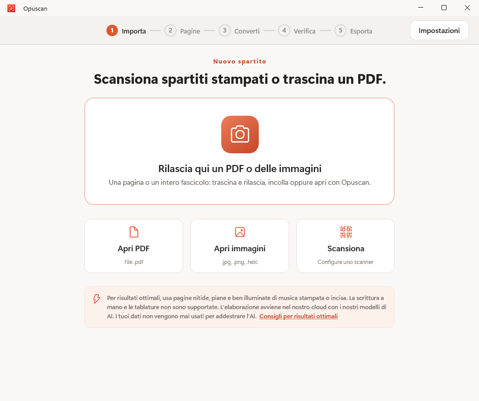 Opuscan per Windows importa un PDF di spartiti