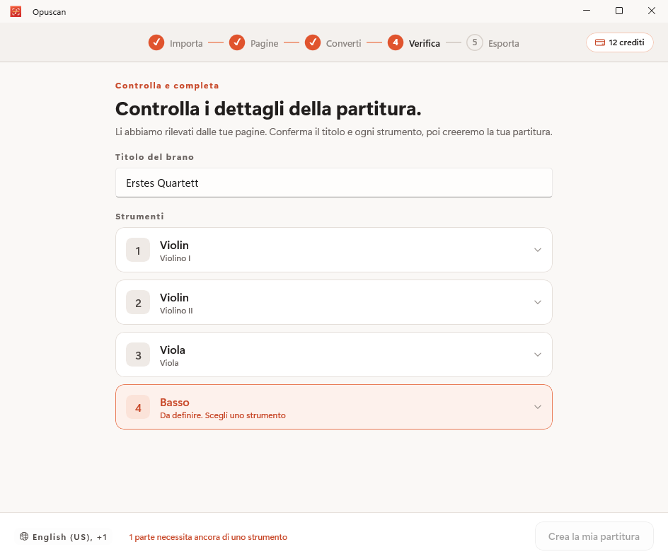Revisione e correzione dello spartito convertito in Opuscan per Windows
