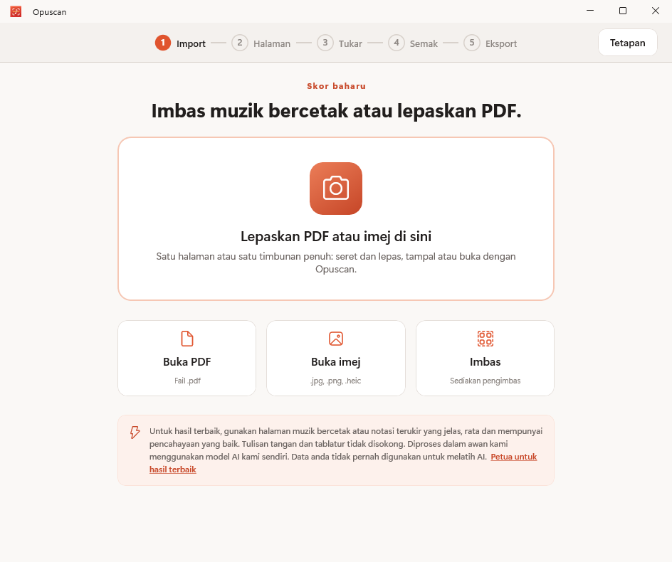 Opuscan bagi Windows mengimport PDF helaian muzik