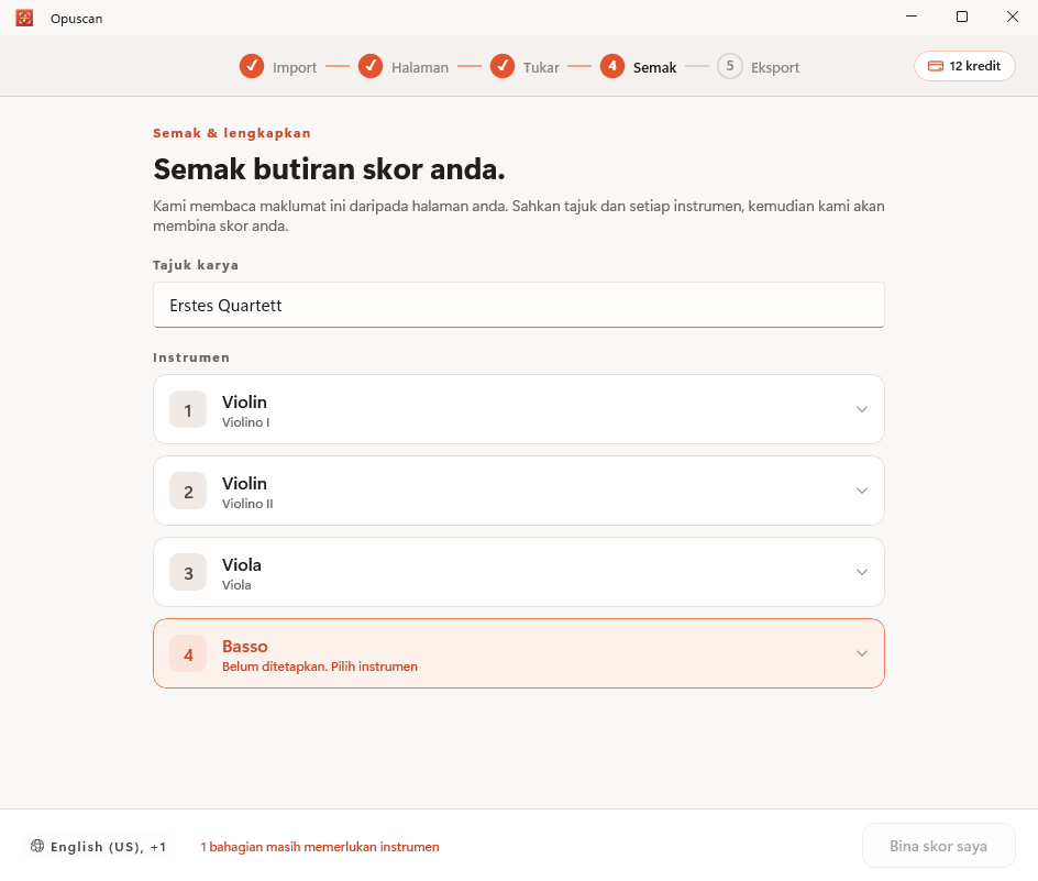 Menyemak dan membetulkan partitur yang telah ditukar dalam Opuscan bagi Windows