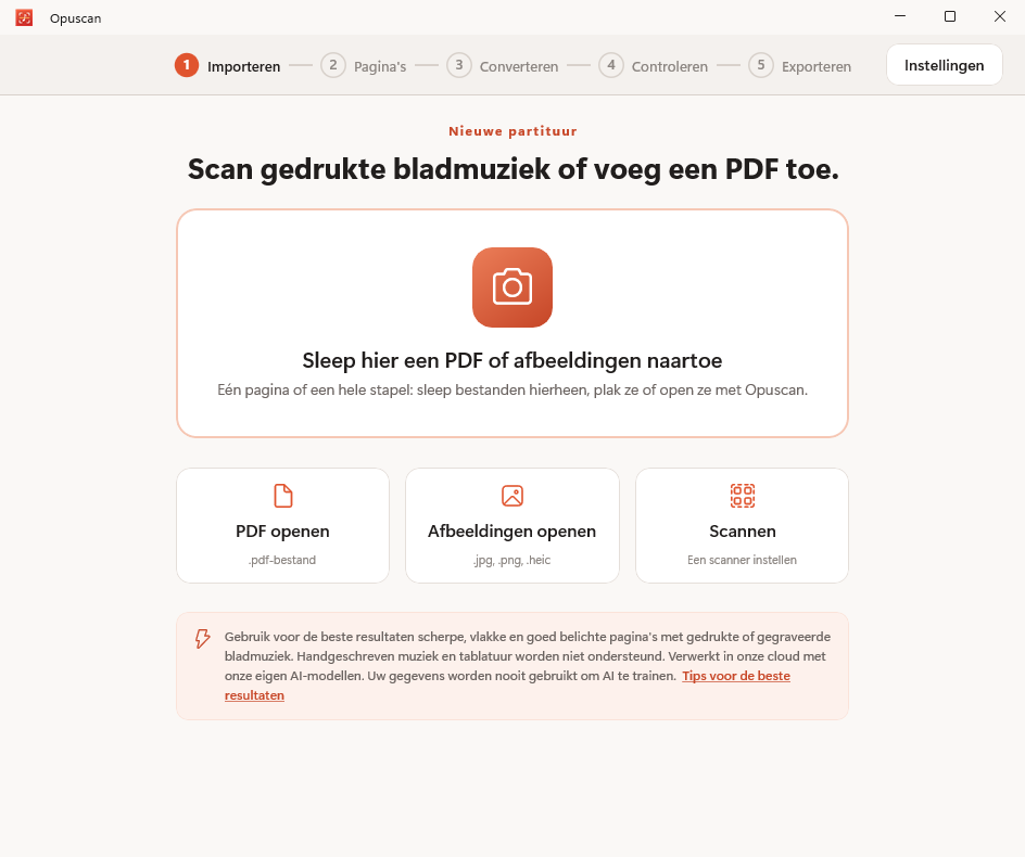 Opuscan voor Windows importeert een PDF met bladmuziek