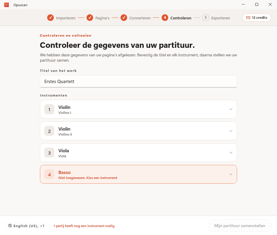 De geconverteerde partituur controleren en corrigeren in Opuscan voor Windows