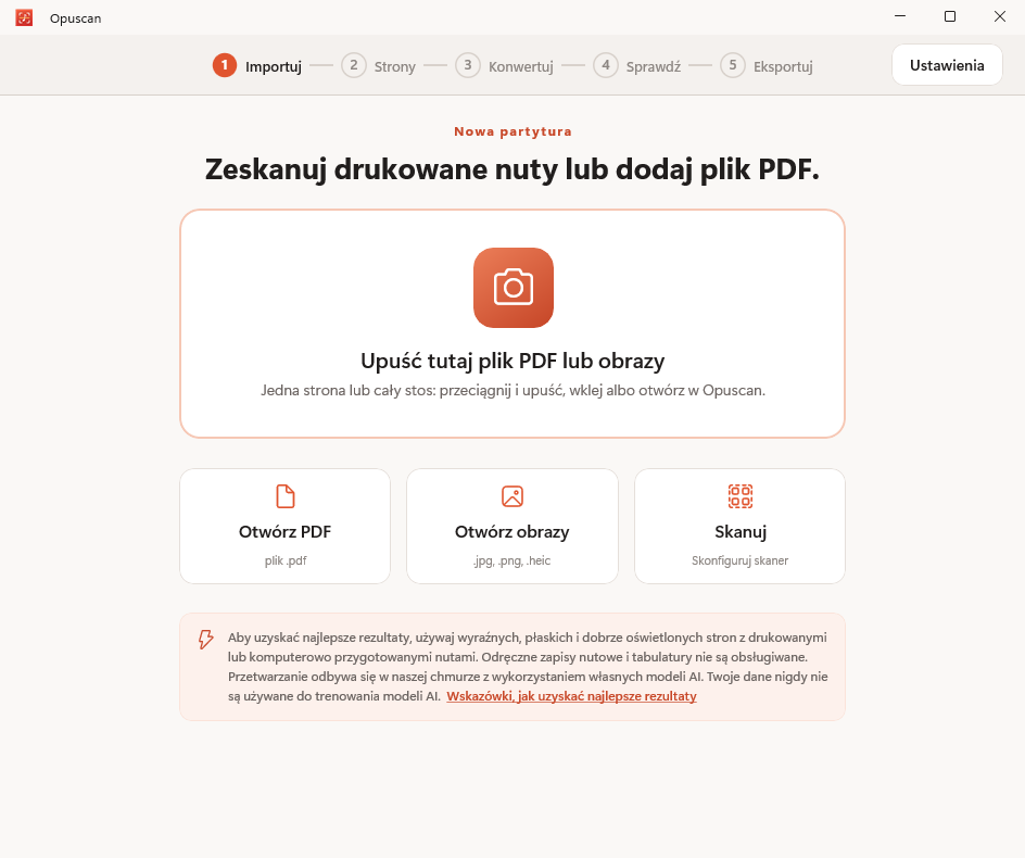 Opuscan dla Windows importuje PDF z nutami