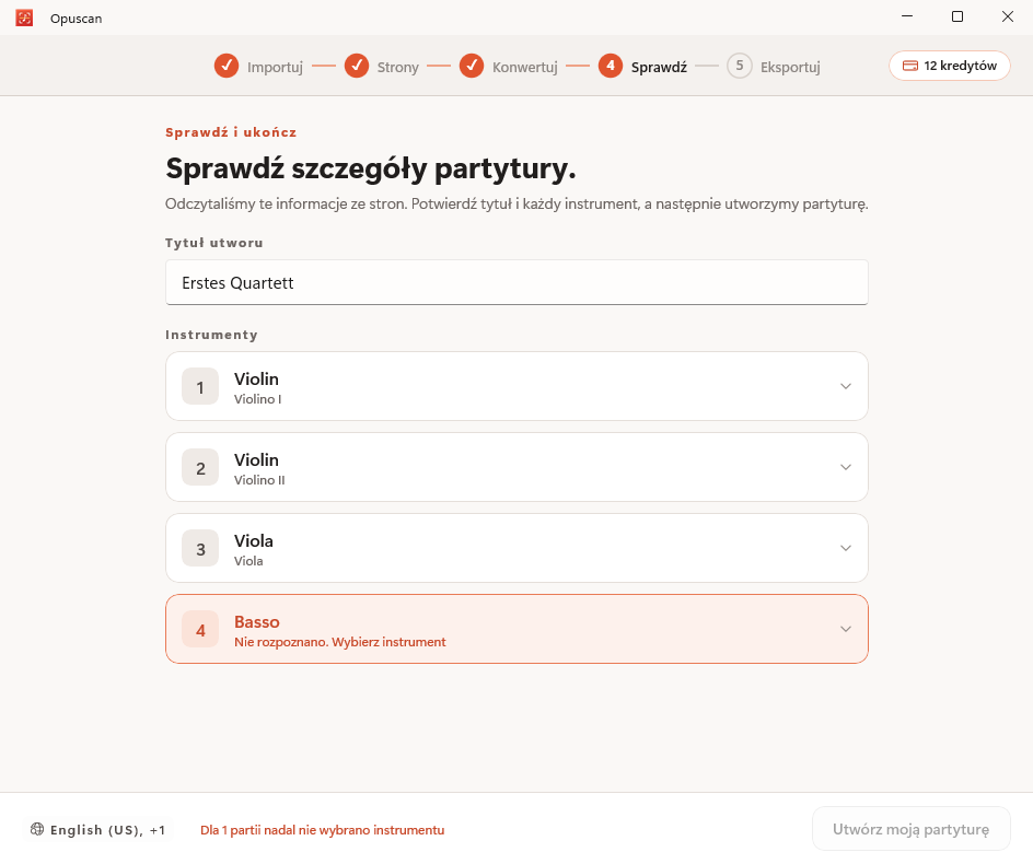 Sprawdzanie i poprawianie przekonwertowanej partytury w Opuscan dla Windows