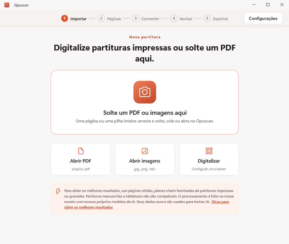 Opuscan para Windows importando um PDF de partitura