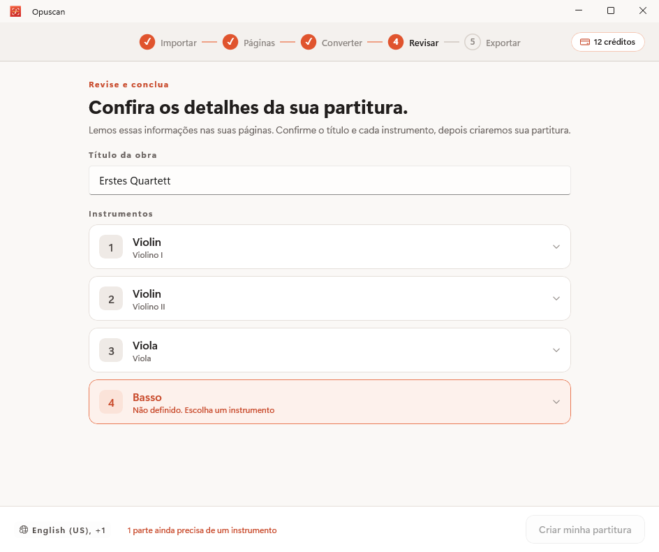 Revisando e corrigindo a partitura convertida no Opuscan para Windows