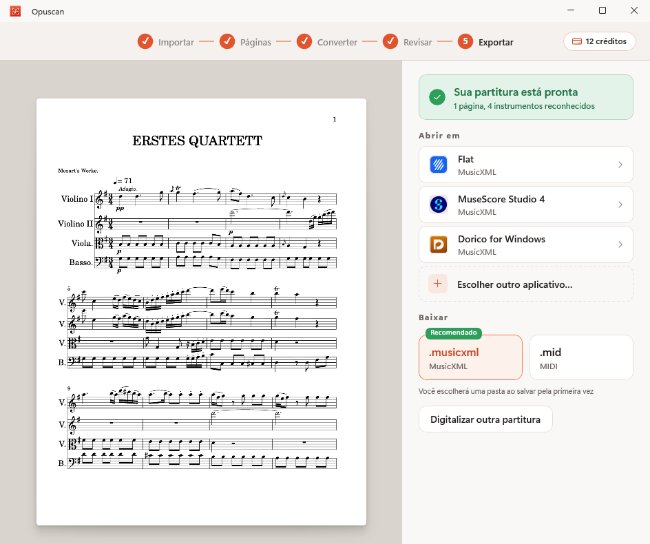 Opuscan no Windows, com uma partitura convertida para quarteto de cordas à esquerda e opções de exportação para Flat, MuseScore e Dorico à direita.