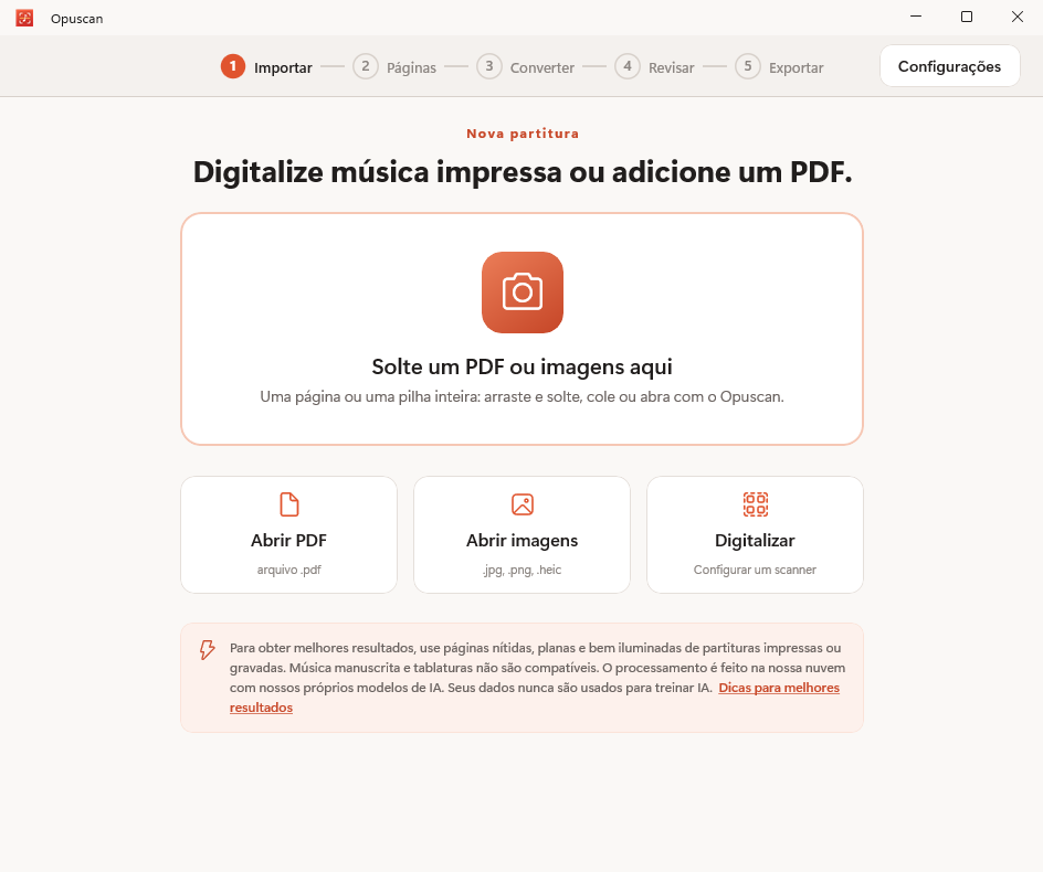 Opuscan para Windows a importar um PDF de uma partitura