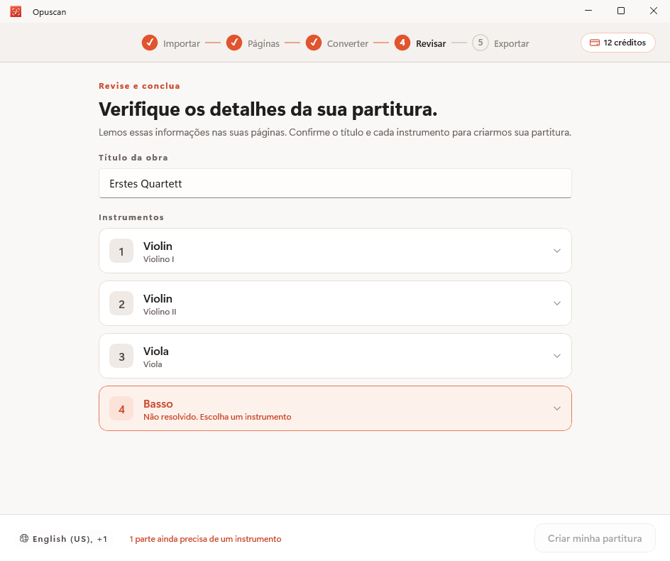 Revisão e correção da partitura convertida no Opuscan para Windows