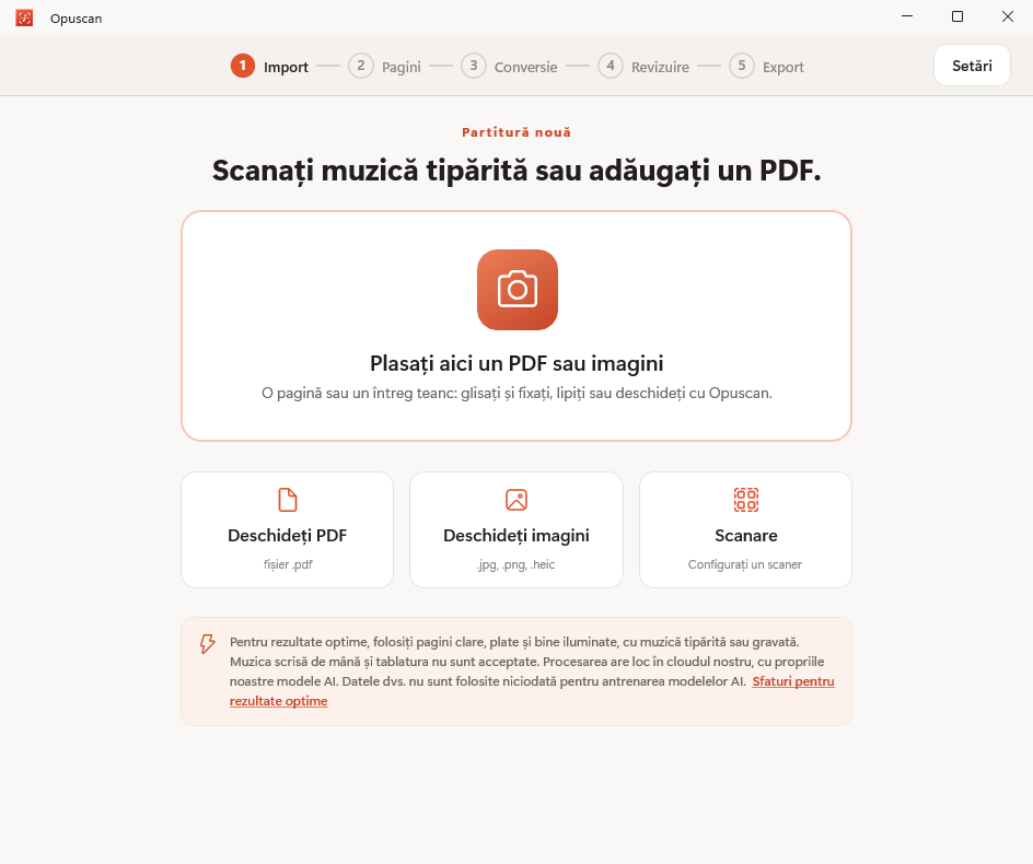 Opuscan pentru Windows importând un PDF cu partituri