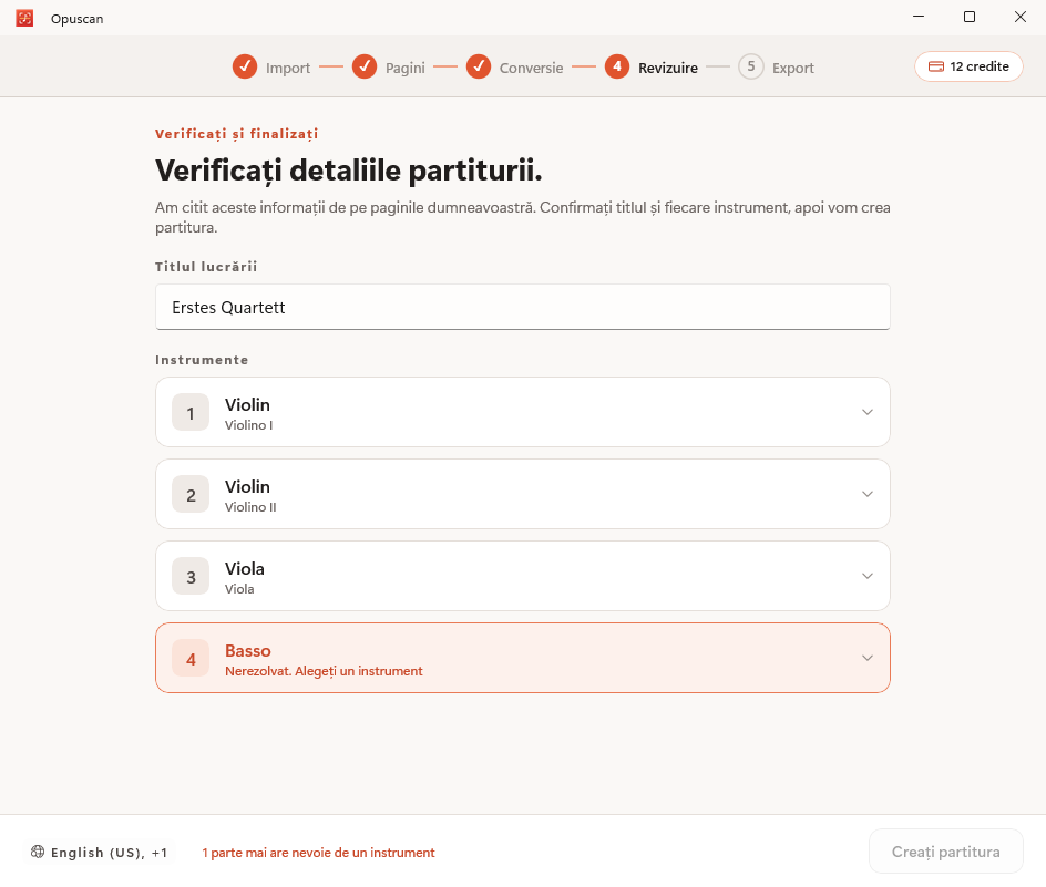 Verificarea și corectarea partiturii convertite în Opuscan pentru Windows