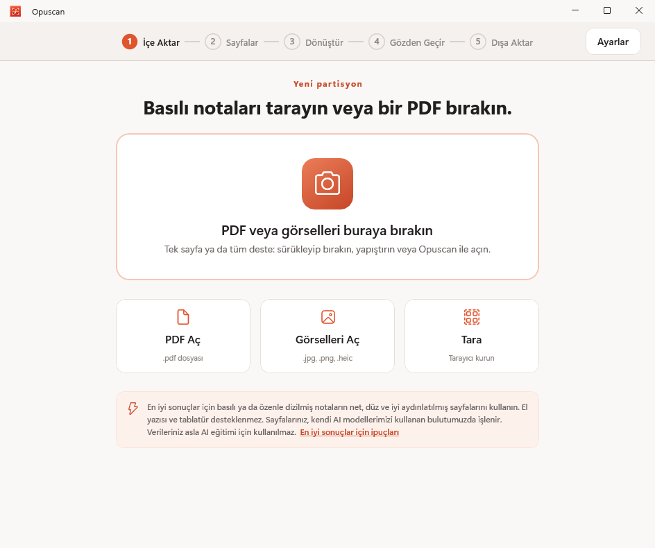 Windows için Opuscan'da bir nota PDF'si içe aktarılıyor