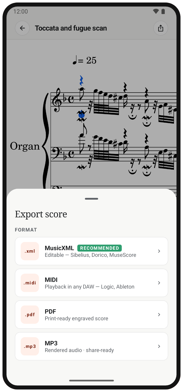 Step three: the finished score, ready to play, transpose and export.