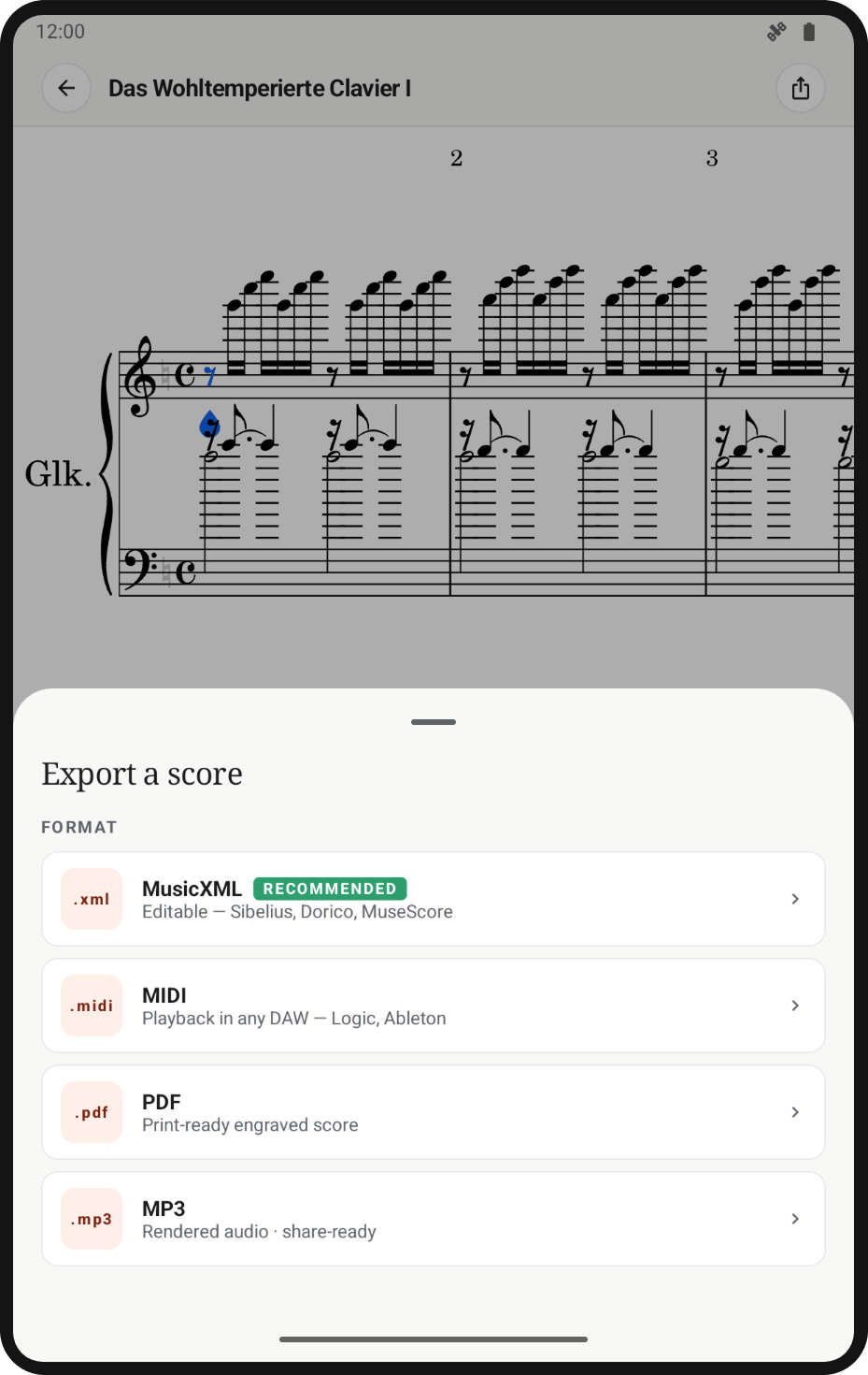Opuscan export options on an Android tablet.